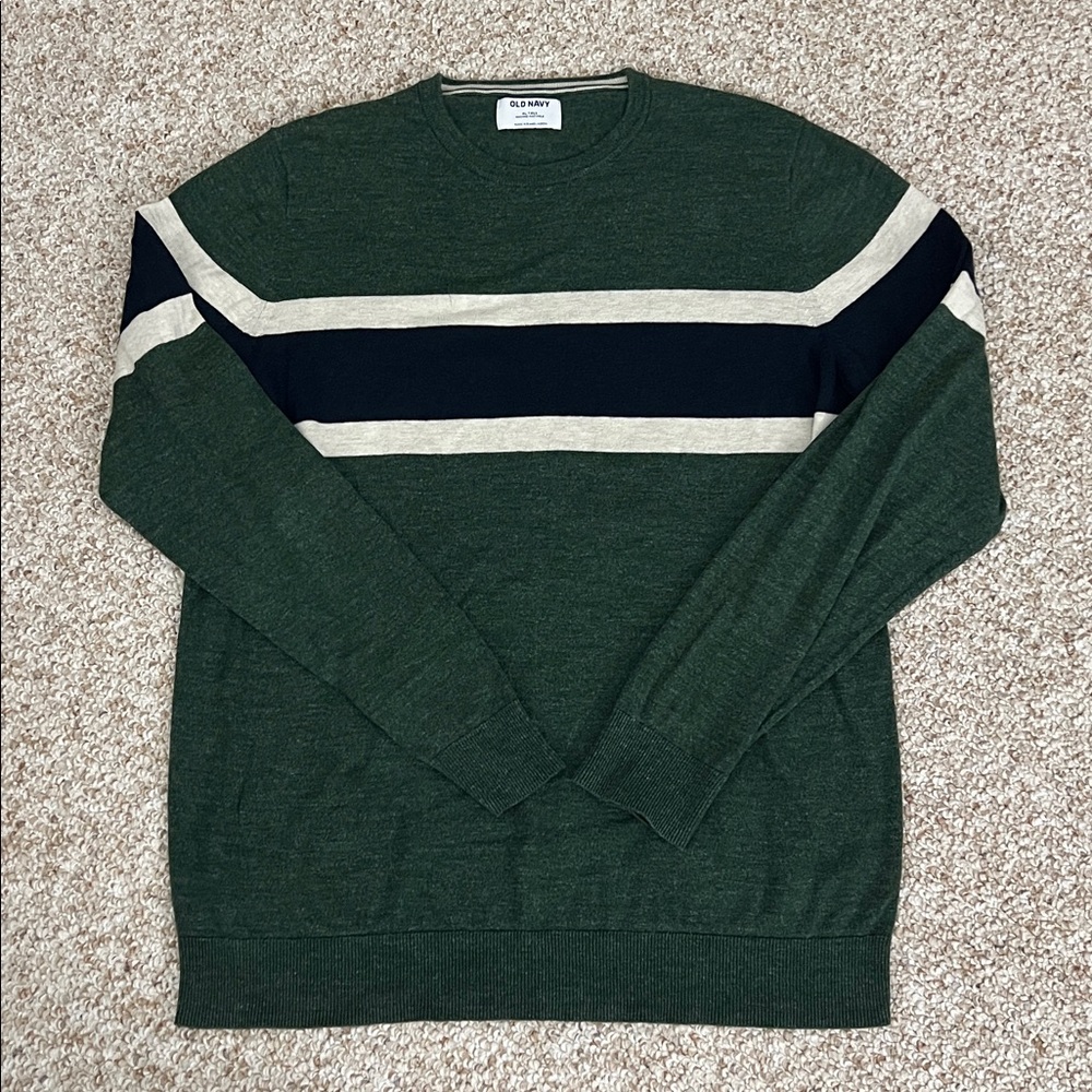 Old Navy Men's Crewneck Striped Sweater in Green, Cream, and Dark Blue - XL Tall